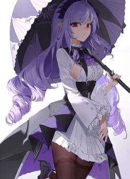 1girl absurdres ascot baiser3rd black_pantyhose blue_pupils breasts center_frills commentary dress drill_hair foot_up frilled_sleeves frills hashtag-only_commentary highres holding holding_umbrella long_hair long_sleeves pantyhose parted_lips pointy_ears purple_ascot purple_hair purple_umbrella red_eyes sideboob_cutout solo umbrella very_long_hair vivian_banshee white_background white_dress zenless_zone_zero