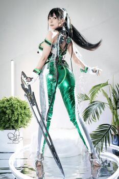 1girl absurdres ass black_hair cosplay cosplay_photo eve_(stellar_blade) eve_(stellar_blade)_(cosplay) female_focus hane_ame highres long_hair photo_(medium) planet_diving_suit_(7th)_(stellar_blade) ponytail real_life solo stellar_blade