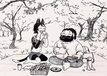 1boy 1girl =_= as_122m beard cat_girl contemporary dungeon_meshi dwarf eating facial_hair food forest full_body greyscale happy highres izutsumi light_blush long_beard monochrome mustache nature picnic sandwich senshi_(dungeon_meshi) sitting sparse_arm_hair thick_mustache very_long_beard