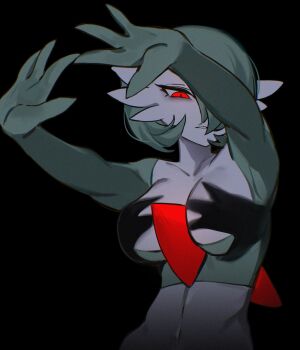 Rule 34 | 1girl, absurdres, black background, breasts, chunniwa, colored skin, commentary, english commentary, gardevoir, gen 3 pokemon, green skin, hand shadow covering breasts (meme), highres, linea alba, looking at viewer, medium breasts, meme, multicolored skin, nintendo, outstretched arms, pokemon, pokemon (creature), red eyes, shadow censor, solo