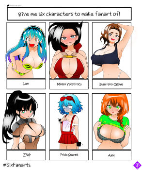 6+girls absurdres alex_(minecraft) boku_no_hero_academia breast_envy breasts cleavage el_tigre eve_(stellar_blade) female_focus frida_suarez highres kaii_to_otome_to_kamikakushi large_breasts lucky-jj lum minecraft multiple_drawing_challenge multiple_girls ogawa_sumireko simple_background six_fanarts_challenge small_breasts stellar_blade tagme urusei_yatsura yaoyorozu_momo