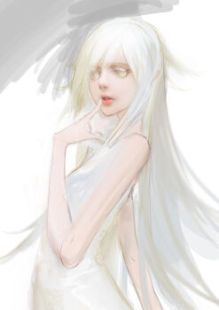 1girl absurdres arm_at_side breasts colored_eyelashes commentary_request dress expressionless finger_to_mouth flipped_hair from_side grey_background hand_up highres lips long_hair looking_at_viewer monogatari_(series) nose oshino_shinobu parted_lips pointy_ears ringed_eyes shishirui_san sleeveless sleeveless_dress small_breasts solo two-tone_background upper_body very_long_hair white_background white_dress white_eyes white_hair white_theme