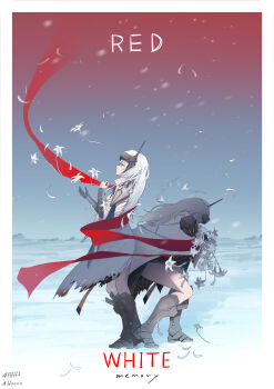 1girl absurdres armored_boots boots cloak closed_mouth commentary_request expressionless flower full_body goddess_of_victory:_nikke hair_between_eyes head-mounted_display highres long_hair long_sleeves multiple_views q10u snow_white_(nikke) standing torn_cloak torn_clothes white_cloak white_hair yellow_eyes