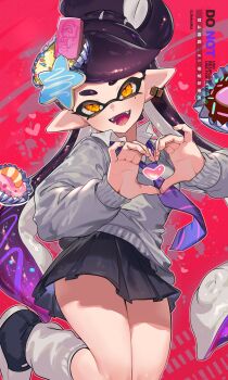 Rule 34 | 1girl, black hair, black shoes, black skirt, callie (splatoon), collared shirt, commentary request, cross-shaped pupils, earrings, fangs, food, food on head, gradient hair, grey sweater, heart, heart hands, highres, inkling, jewelry, jinkoika, long hair, long sleeves, looking at viewer, mole, mole under eye, multicolored hair, necktie, nintendo, object on head, open mouth, pink background, pink necktie, pleated skirt, pointy ears, purple hair, purple necktie, school uniform, shirt, shoes, single earring, skirt, smile, socks, solo, splatoon (series), striped clothes, striped necktie, sweater, symbol-shaped pupils, tentacle hair, two-tone necktie, very long hair, white shirt, white socks, yellow eyes