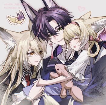1boy 2girls animal_ears arknights blonde_hair braid family father_and_daughter fox_ears fox_girl fox_tail green_eyes gugulayle highres husband_and_wife kitsune mother_and_daughter multiple_girls stuffed_toy suzuran&#039;s_father_(arknights) suzuran_(arknights) tail vulpisfoglia_(arknights)