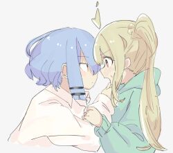 Rule 34 | 2girls, blonde hair, blue hair, blush, bocchi the rock!, closed mouth, eye contact, from side, green hoodie, hand on another&#039;s face, holding another&#039;s arm, hood, hoodie, ijichi nijika, long sleeves, looking at another, multiple girls, open mouth, profile, ry (pitamin5), shirt, short hair, side ponytail, simple background, sweatdrop, upper body, white background, white shirt, yamada ryo, yuri