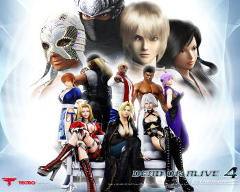 3d 5boys 6+girls ayane_(doa) bandana bass_armstrong black_hair blonde_hair boots breasts brown_hair christie_(doa) cleavage couch crossed_legs dark_skin dead_or_alive dead_or_alive_4 earrings eliot_(doa) everyone fishnets half_mask headband helena_douglas helmet high_heels jann_lee jewelry kasumi_(doa) kokoro_(doa) la_mariposa_(doa) large_breasts leon_(doa) lisa_hamilton luchadora mask medium_breasts multiple_boys multiple_girls muscular ninja official_art official_wallpaper purple_hair ryu_hayabusa shoes silver_hair sitting sunglasses tecmo thigh_boots thighhighs tina_armstrong topless_male zack_(doa)