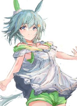 1girl animal_ears blue_eyes blush breasts brown_choker choker closed_mouth commentary_request dress ear_covers flower green_sailor_collar green_shorts grey_hair hair_between_eyes hair_flower hair_ornament hairclip horse_ears horse_girl horse_tail looking_at_viewer sailor_collar seiun_sky_(reeling_in_the_big_one)_(umamusume) seiun_sky_(umamusume) short_hair shorts shorts_under_dress simple_background single_ear_cover small_breasts smile solo sunflower sunflower_hair_ornament tail umamusume white_background white_dress yanagi_wakana