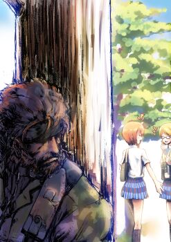 1boy 2girls bag beard behind_tree black-framed_eyewear black_socks blue_bow blue_bowtie blue_skirt bow bowtie brown_hair camouflage closed_eyes commentary_request crossover day facial_hair glasses headband hiding highres hoshizora_rin kneehighs koizumi_hanayo love_live! love_live!_school_idol_project metal_gear_(series) multiple_girls mustache open_mouth orange_hair otonokizaka_school_uniform outdoors pleated_skirt school_uniform semi-rimless_eyewear shirt short_hair short_sleeves shoulder_bag skirt socks solid_snake standing striped_bow striped_bowtie striped_clothes summer_uniform tree under-rim_eyewear white_shirt yachi_(fujiyasu0616)