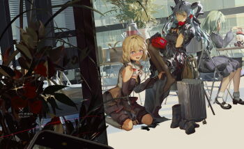 3girls absurdres antique_phone arknights bang_dream! bang_dream!_it&#039;s_mygo!!!!! black_hair black_pantyhose blonde_hair blue_dress blush brown_corset cellphone chair commentary corset doloris_(bang_dream!) dress green_hair grey_socks head_rest highres holding_another&#039;s_foot horns ibara_dance kneehighs kneeling medium_hair misumi_uika mortis_(bang_dream!) mortis_(costume)_(bang_dream!) multiple_girls no_shoes open_mouth pantyhose phone plant potted_plant pov purple_eyes rolling_suitcase rotary_phone sitting smartphone socks suitcase symbol-only_commentary table togawa_sakiko togawa_sakiko_(master_of_melodia) wakaba_mutsumi wakaba_mutsumi_(doll) white_socks yellow_eyes yuri