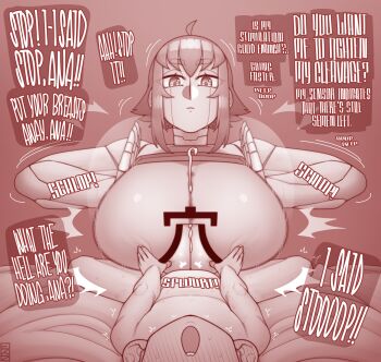 1boy 1girl age_difference ahoge android assertive_female blush breasts clothed_female_nude_male cum cum_on_body cum_on_breasts cum_on_upper_body ejaculation ekz_(robotekz) english_text expressionless hetero highres huge_breasts nude onee-shota open_mouth original paizuri paizuri_under_clothes robophilia robot robot_girl shota sound_effects
