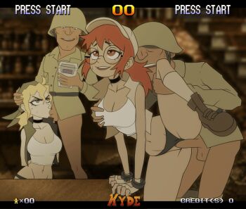 2boys 2girls angry animated animated_gif arm_support arms_behind_back bandana bar_(place) bare_shoulders black_panties blonde_hair blush boots bound bound_wrists breasts brown_eyes brown_footwear brown_hair choker cleavage clothing_aside collarbone combat_helmet cuffs fake_screenshot fellatio fingerless_gloves fio_germi game_boy game_boy_(original) gameplay_mechanics glasses gloves grabbing_another's_breast grabbing_from_behind groping handcuffs handheld_game_console hat helmet hetero indoors irrumatio kasamoto_eri kyde large_breasts leg_lift long_hair matching_hair/eyes metal_slug midriff military_hat mole mole_under_eye multiple_boys multiple_girls multitasking open_mouth oral panties panties_aside penis ponytail prisoner pussy rape restrained rolling_eyes round_eyewear sex sex_from_behind sleeveless smile socks soldier spread_legs table tank_top teeth torogao uncensored underwear upper_teeth_only vaginal vest white_legwear white_tank_top yellow_eyes