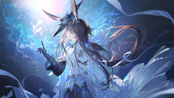 1girl amiya_(arknights) amiya_(guard)_(arknights) amiya_(guard)_(in_a_myriad_of_universes)_(arknights) animal_ears arknights blue_eyes braid brown_hair chinese_commentary closed_mouth commentary_request echj gauntlets highres jewelry long_hair profile rabbit_ears rabbit_girl ring smile