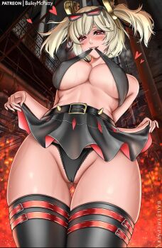 1girl artist_name baileymcpatty black_panties black_skirt black_thighhighs blonde_hair breasts burnice_white eyewear_on_head female_focus hair_ornament heart highres large_breasts looking_at_viewer medium_hair mouth_hold panties patreon_username red_eyes skirt solo source_request standing sunglasses teeth thigh_strap thighhighs twintails underwear upskirt zenless_zone_zero