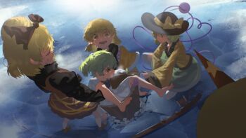 5girls blonde_hair commentary_request crack cracked_floor green_eyes green_hair helping highres horns hoshiguma_yuugi kinoko_(kino2435006) kisume komeiji_koishi kurodani_yamame mizuhashi_parsee multiple_girls single_horn stuck touhou water