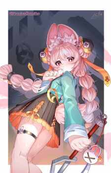 1girl accessories animal_ear_fluff animal_ears black_background braid bright_pupils charm_(object) closed_mouth ear_piercing furry furry_female green_shirt hair_ornament highres holding holding_weapon medallion miko_no_kamiko orange_skirt pawpads piercing pink_fur rabbit_ears rabbit_girl rabbit_tail screw shirt signature skirt solo tail thigh_strap twin_braids twintails weapon white_pupils zenless_zone_zero zhao_(zenless_zone_zero)