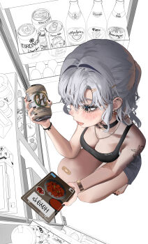 1girl absurdres alcohol beer beer_can breasts can cleavage drink_can hani_haya highres medium_breasts refrigerator tagme