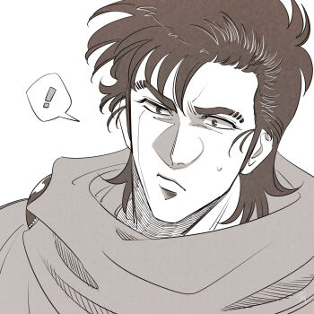 ! 1boy closed_mouth colored_skin commentary constricted_pupils eyebrow_cut eyelashes flat_color frown furrowed_brow greyscale highres jacket limited_palette male_focus medium_hair monochrome portrait saijou_kazuya sketch solo speech_bubble super_doctor_k surprised sweat sweatdrop sweater white_background white_skin wide-eyed zeus_(zearth1996)