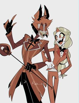 1boy 1girl absurdres alastor_(hazbin_hotel) artist_name bad_id bad_twitter_id blonde_hair cane charlie_morningstar eye_contact formal_clothes habu_0000 hazbin_hotel hellaverse highres holding holding_cane locked_arms long_hair looking_at_another red_eyes red_hair sharp_teeth short_hair simple_background smile suit teeth