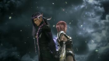 10s 1boy 1girl 3d armor back-to-back character_request cloud final_fantasy final_fantasy_xiii final_fantasy_xiii-2 lightning lightning_farron long_hair pink_hair pteruges purple_hair screencap