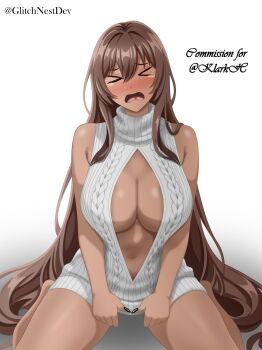 >_< 1girl blush breasts brown_hair cleavage commission dark-skinned_female dark_skin embarrassed glitchnest goddess_of_victory:_nikke gradient_background grey_background grey_sweater huge_breasts long_hair nail_polish navel noir_(nikke) open_mouth sitting solo sweater tearing_up virgin_killer_sweater wariza white_background
