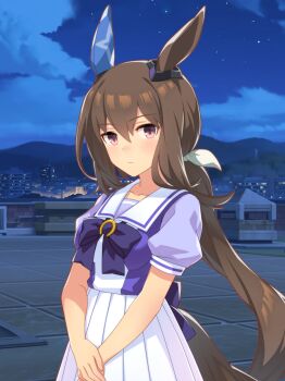 1girl absurdres admire_vega_(umamusume) animal_ears artist_request back_bow blue_bow blue_bowtie blue_shirt bow bowtie breasts brooch brown_hair city closed_mouth cloud collarbone cowboy_shot dot_nose ear_covers ear_ornament expressionless game_cg hair_between_eyes hair_bow hands_on_lap high-waist_skirt highres horse_ears horse_girl horse_tail horseshoe_ornament jewelry jitome light_blush light_frown long_hair low_ponytail medium_breasts mountainous_horizon night official_art outdoors own_hands_together pleated_skirt ponytail puffy_short_sleeves puffy_sleeves purple_eyes radio_tower rooftop sailor_collar school_uniform shirt short_sleeves single_ear_cover skirt sky standing star_(sky) starry_sky summer_uniform tail third-party_source tile_floor tiles tracen_school_uniform tree two-tone_shirt umamusume very_long_hair white_bow white_sailor_collar white_shirt white_skirt