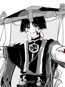 1boy blood blood_on_arm blood_on_face blunt_ends blush bodysuit eyeliner eyeshadow foreshortening furisode genshin_impact greyscale hat highres japanese_clothes jewelry jingasa juban kimono layered_sleeves looking_at_viewer makeup male_focus mandarin_collar mitsudomoe_(shape) monochrome neck_ring o-ring open_clothes open_kimono open_mouth outstretched_arms parted_bangs pon_oi4 red_eyeliner red_eyeshadow rope sash scaramouche_(genshin_impact) shimenawa short_sleeves sketch solo spot_color spread_arms tomoe_(symbol) tsurime upper_body veil white_background wispy_bangs