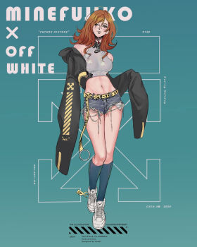 1girl 2020 alternate_costume artist_name bare_shoulders black_eyes character_name chinese_commentary closed_mouth commentary commentary_request crop_top denim denim_shorts english_commentary english_text full_body kneehighs long_hair lupin_iii maackia_99 midriff mine_fujiko mixed-language_commentary navel orange_hair shorts smile socks solo standing