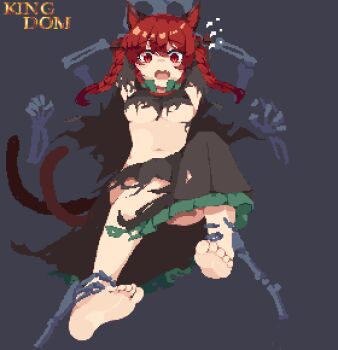 1girl absurdres animal_ears ankle_grab artist_name barefoot black_dress braid breasts cat_ears cat_girl cat_tail dress flying_sweatdrops full_body held_down highres kaenbyou_rin kingdom_(user_ysav4824) open_mouth pixel_art red_eyes red_hair restrained skull soles solo tail torn_clothes torn_dress touhou twin_braids underboob