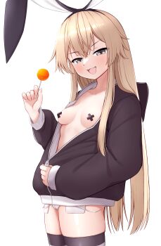 1girl absurdres alternate_costume areola_slip black_jacket blonde_hair blush breasts candy chupa_chups cowboy_shot fingernails food hair_between_eyes highres holding holding_candy holding_food hood hood_down hooded_jacket jacket kantai_collection lollipop long_hair long_sleeves open_mouth partially_unbuttoned pasties shimakaze_(kancolle) short_shorts shorts simple_background small_breasts smile solo striped_clothes striped_thighhighs thighhighs tiemu_(man190) unzipping white_background white_shorts yellow_eyes