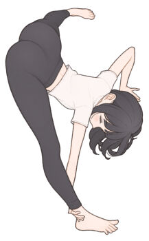 1girl 1ssakawaguchi absurdres ass barefoot black_hair black_leggings bob_cut closed_eyes flexible frontbend highres ichika_(1ssakawaguchi) leggings midriff original shirt short_hair short_sleeves simple_background solo split spread_legs toes white_background white_shirt