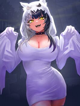 1girl black_choker black_hair breasts choker cleavage dress ghost_costume grey_hair highres hololive hololive_english hood hood_up hooded_dress large_breasts long_hair looking_at_viewer multicolored_hair open_mouth shiori_novella short_dress sleeves_past_fingers sleeves_past_wrists solo split-color_hair teeth two-tone_hair virtual_youtuber white_dress yellow_eyes yodokogon