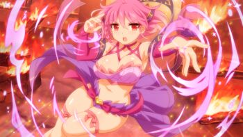 1girl belt braid breasts burning cecily_rhodes crop_top detached_sleeves fire game_cg half-skirt legends_of_talia:_arcadia looking_at_viewer magic official_art pink_hair shawl side_braid thigh_strap wanaca