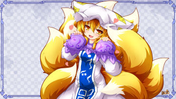 1girl absurdres blonde_hair blue_tabard blush breasts commentary_request cropped_legs dress fang fox_girl fox_tail hair_between_eyes hat heart highres kazami_karasu large_tail looking_at_viewer medium_hair mob_cap multiple_tails open_mouth sleeves_past_wrists small_breasts smile solo tabard tail tight_clothes touhou white_dress yakumo_ran yellow_eyes
