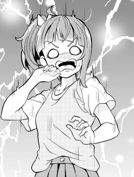 Rule 34 | 1girl, blank eyes, blush, bow, casual, cut bangs, frown, greyscale, hair bow, halftone, hirogaru sky! precure, lightning, looking at viewer, medium hair, monochrome, o o, open mouth, pleated skirt, precure, shirt, short sleeves, side ponytail, single sidelock, skirt, solo, sora harewataru, sweatdrop, t-shirt, tirofinire, upper body, v-shaped eyebrows