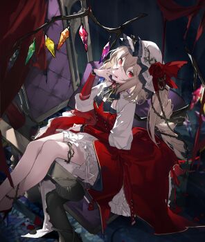 1girl absurdres alternate_costume black_bow black_bowtie blonde_hair bow bowtie brooch chinese_commentary closed_mouth commentary_request crystal crystal_wings dress fingernails flandre_scarlet flower hat hat_bow hat_flower highres jewelry long_fingernails long_sleeves looking_at_viewer mob_cap multicolored_wings one_side_up plant red_bow red_dress red_eyes red_flower red_nails red_rose rose shrug_(clothing) sitting smile solo throne touhou vines white_hat white_shrug wings yellllll