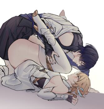 1boy 1girl adam's_apple armor bare_shoulders belt black_belt black_bodysuit black_bridal_gauntlets black_corset black_eyes black_gloves black_hair black_shorts blonde_hair blue_feathers blue_trim blunt_ends bodysuit boy_on_top breasts bridal_gauntlets cape commentary corset couple detached_sleeves dress elpheltel english_commentary eye_contact face-to-face feather_hair_ornament feathers fingerless_gloves fingernails from_side genshin_impact gloves gold gold_ring gold_shoes gradient_feathers grey_nails hair_ornament hakama hakama_shorts half-closed_eyes halterneck hand_on_another's_thigh hand_on_ground hetero highres japanese_armor japanese_clothes jewelry kimono kote kurokote large_breasts looking_at_another lumine_(genshin_impact) lying mandarin_collar middle_ring on_back parted_lips pink_lips pleated_shorts purple_cape scaramouche_(genshin_impact) scarf second-party_source shoes short_hair short_hair_with_long_locks shorts sideboob sidelocks single_off_shoulder sweat thighhighs thighlet tsurime vambraces wanderer_(genshin_impact) white_dress white_feathers white_kimono white_scarf white_sleeves white_thighhighs yellow_eyes yukadon