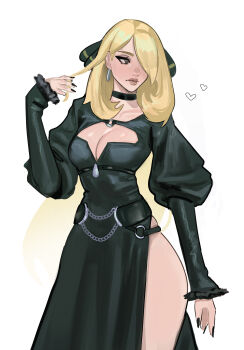 1girl absurdres alternate_costume black_choker black_dress black_nails blonde_hair breasts choker cleavage closed_mouth collarbone cynthia_(pokemon) dress earrings grey_eyes hair_ornament hair_over_one_eye heart highres jewelry large_breasts long_hair long_sleeves nintendo pokemon pokemon_dppt side_slit simple_background solo thighs vile_(vile_jp) white_background