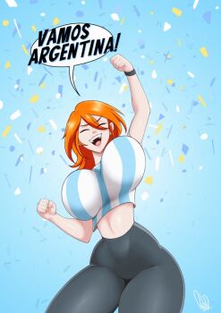 1girl 2022 2022_fifa_world_cup argentina argentinian_flag argentinian_flag_print blue_hair bouncing_breasts breasts cheering clenched_hands confetti flag_print happy huge_breasts long_hair multicolored_hair open_mouth orange_hair original shirt simple_background smile soccer_uniform solo spanish_text sportswear striped_clothes striped_shirt translated two-tone_shirt vertical-striped_clothes vertical-striped_shirt white_hair wide_hips world_cup