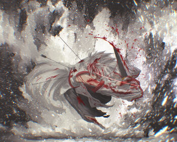 1girl absurdres animal_ears arrow_(projectile) arrow_in_body black_skirt bleeding blood blood_on_face clenched_teeth commentary cuts detached_sleeves english_commentary eye_trail grey_hair hat highres holding holding_sword holding_weapon injury inubashiri_momiji light_trail looking_at_viewer no_headwear oubachiago procreate_(medium) red_eyes skirt solo sword tail teeth torn_clothes torn_sleeves touhou weapon wolf_ears wolf_girl wolf_tail