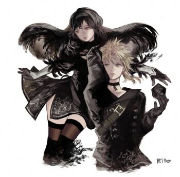 1boy 1girl 2b_(nier:automata) 2b_(nier:automata)_(cosplay) 9s_(nier:automata) 9s_(nier:automata)_(cosplay) artist_name belt_buckle black_boots black_choker black_dress black_gloves black_hair black_jacket black_thighhighs blonde_hair blue_eyes boots buckle choker cloud_strife cloud_strife_(scanner_ensemble) commentary company_connection cosplay dress feather-trimmed_sleeves feet_out_of_frame final_fantasy final_fantasy_vii final_fantasy_vii:_ever_crisis floating_hair gloves highres jacket long_hair long_sleeves official_alternate_costume red_eyes short_hair side_slit simple_background spiked_hair symbol-only_commentary thigh_boots thigh_gap thighhighs thighhighs_under_boots tifa_lockhart tifa_lockhart_(battler_ensemble) tori_(labyrinth_fft) turtleneck turtleneck_dress white_background