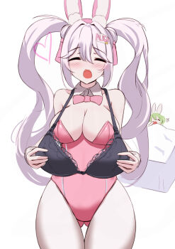 2girls alice_(nikke) alice_(wonderland_bunny)_(nikke) animal_ears black_bra blanket bow bowtie bra breasts cleavage detached_collar fake_animal_ears gluteal_fold goddess_of_victory:_nikke hair_ornament kurono_suzuran large_breasts leotard long_hair multiple_girls name_tag_hair_ornament pantyhose pink_bow pink_bowtie pink_leotard playboy_bunny rabbit_ears soda_(nikke) soda_(twinkling_bunny)_(nikke) strapless strapless_leotard trying_on_clothes twintails under_covers undersized_breast_cup underwear waking_up white_pantyhose wrist_cuffs yawning
