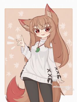 1girl :3 absurdres animal_ear_fluff animal_ears arm_up black_pants black_ribbon border brown_background brown_hair commentary_request cowboy_shot crossed_bangs fang fox_ears fox_girl fox_shadow_puppet fox_tail hair_between_eyes highres jewelry leaf light_blush long_hair long_sleeves looking_at_viewer magatama magatama_necklace maple_leaf necklace nikaon notice_lines open_mouth original pants pantyhose red_eyes ribbon shirt_ribbon simple_background sleeves_past_wrists smile solo sweater tail twitter_username white_border white_sweater wide_sleeves