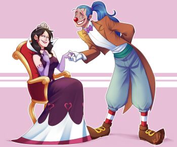 1boy 1girl alternate_costume alvida_(one_piece) bechno_kid black_eyes black_hair blue_hair bow bowtie buggy_the_clown clown_nose commentary earrings elbow_gloves english_commentary facepaint facial_hair full_body gloves high_ponytail jewelry lips lipstick long_hair makeup one_piece ponytail purple_bow purple_bowtie red_lips red_nose smile teeth white_gloves