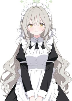 1girl absurdres alternate_costume apron black_dress blue_archive blush bow bowtie breasts chinese_commentary choppy_bangs closed_mouth collared_dress commentary_request dress enmaided frilled_apron frills green_halo grey_hair hair_between_eyes hair_bow halo highres juliet_sleeves jyt long_hair long_sleeves looking_at_viewer maid maid_apron maid_headdress making-of_available medium_breasts miyo_(blue_archive) multiple_hair_bows own_hands_together painttool_sai_(medium) puffy_sleeves simple_background smile solo split_mouth straight-on v_arms very_long_hair white_apron white_background white_bow white_bowtie yellow_eyes