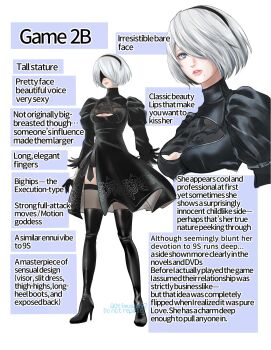 1girl 2b_(nier:automata) alt_text black_boots black_gloves black_hairband blindfold_mask blue_eyes boots breasts character_name commentary dress english_commentary gloves grey_hair hair_over_one_eye hairband high_heel_boots high_heels highres long_sleeves mask mole mole_under_mouth multiple_views nier:automata nier_(series) pako_(pousse-cafe) parted_lips short_hair sleeveless sleeveless_dress standing thigh_boots twitter_username