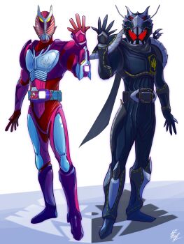 adapted_costume animal_hood armor black_armor black_footwear black_scarf cosplay dragon dragvisor rider_belt eastern_dragon gauntlets glowing glowing_eyes highres hood kamen_rider kamen_rider_revi kamen_rider_revice kamen_rider_ryuga kamen_rider_ryuga_(cosplay) kamen_rider_ryuki kamen_rider_ryuki_(cosplay) kamen_rider_ryuki_(series) kamen_rider_vice looking_at_viewer mirror_twins purple_footwear revice_driver rider_belt scarf tokusatsu yellow_eyes zagizagi