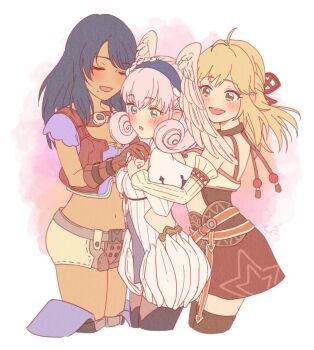 3girls :d bare_shoulders black_hair black_hairband blonde_hair blue_eyes blush breasts brown_skirt brown_thighhighs closed_eyes commentary_request crop_top cropped_legs dark-skinned_female dark_skin dress feathered_wings fiora_(xenoblade) grey_eyes hairband head_wings legend_of_nappo long_hair medium_breasts melia_antiqua midriff mole mole_under_mouth multiple_girls navel open_mouth pink_hair purple_shirt sharla_(xenoblade) shirt short_shorts short_sleeves shorts skirt smile thighhighs white_dress white_shorts white_wings wings xenoblade_chronicles_(series) xenoblade_chronicles_1