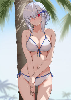 1girl bikini blue_ska blush breasts cleavage commentary_request gluteal_fold hair_ornament hair_over_one_eye hairclip large_breasts looking_at_viewer medium_hair navel open_mouth original palm_tree red_eyes solo stomach swimsuit thick_eyebrows tree white_bikini