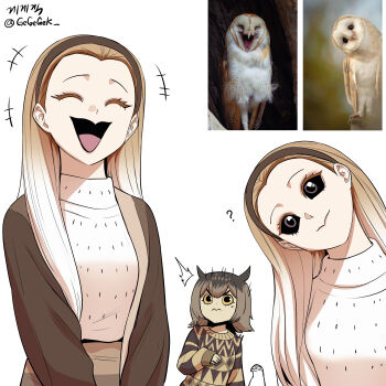 absurdres barn_owl bird black_eyes brown_hair gegegekman hairband happy highres humanization mature_female owl owl_girl smile sweater turning_head yellow_eyes